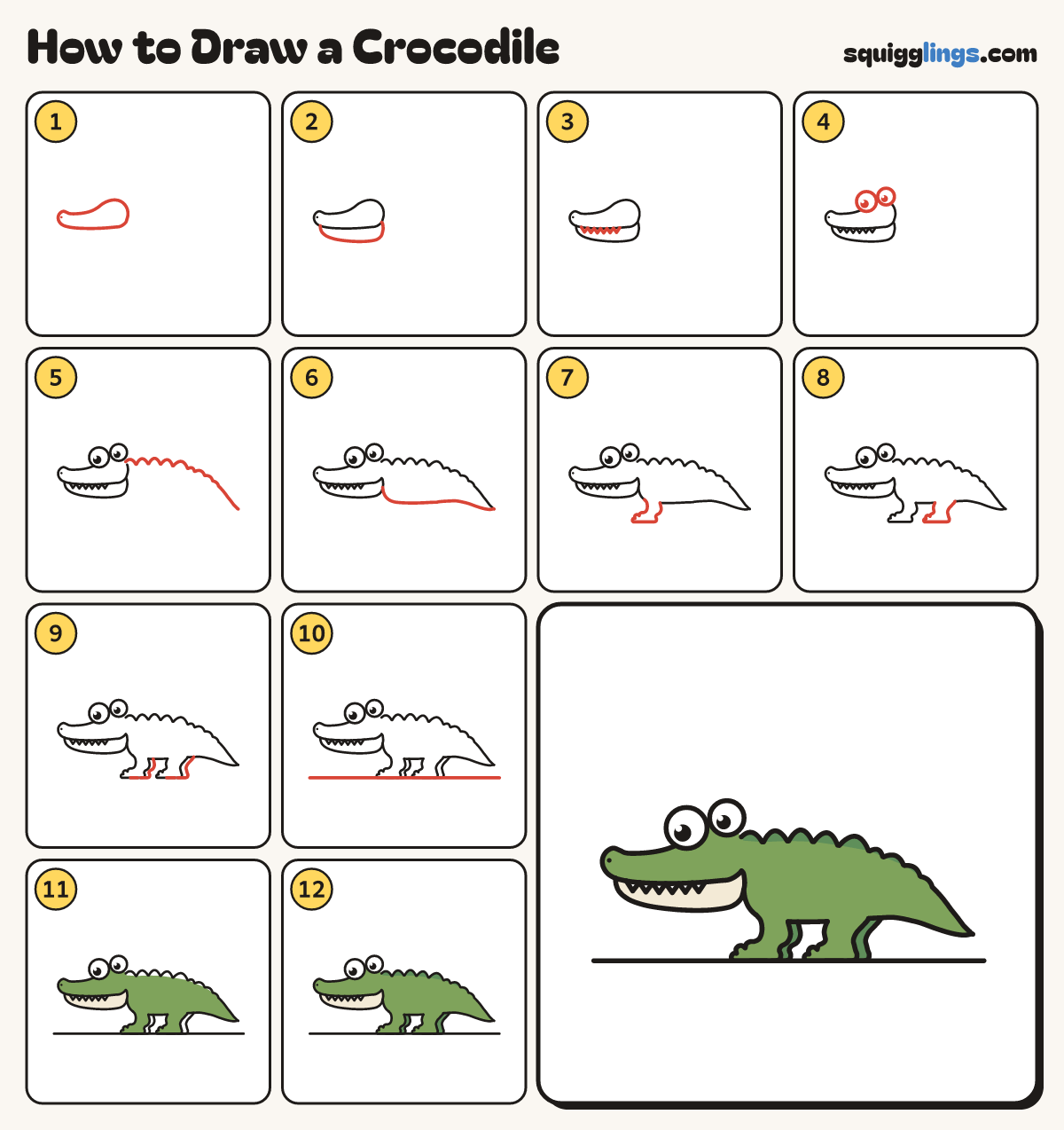 How to Draw a Crocodile step by step: all 12 steps in one picture