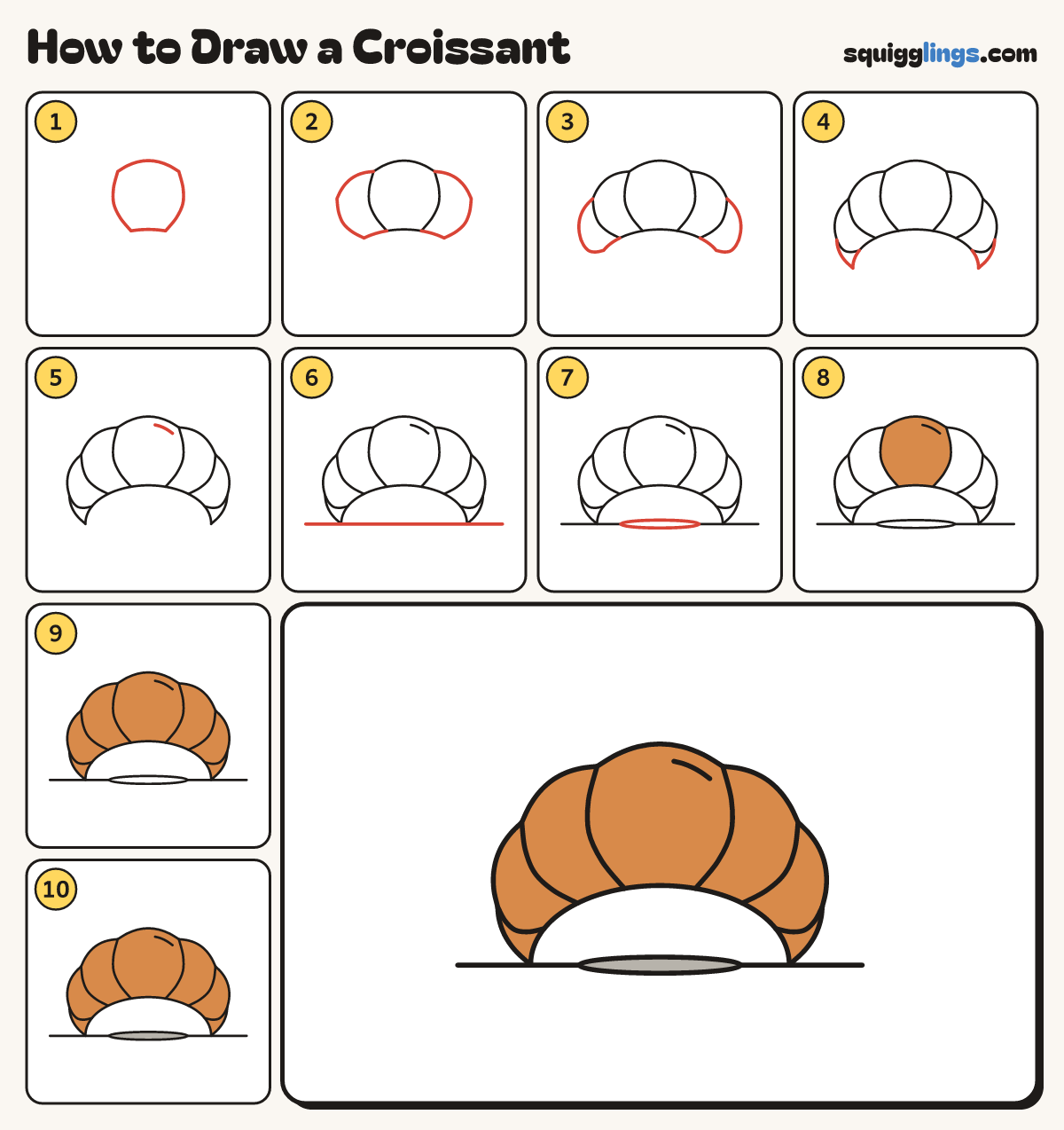How to Draw a Croissant step by step: all 10 steps in one picture