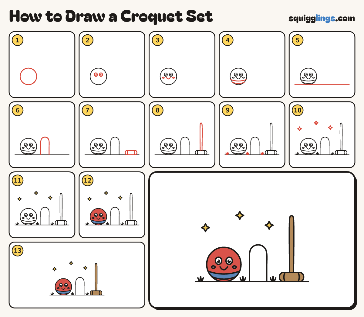 How to Draw a Croquet Set step by step: all 13 steps in one picture