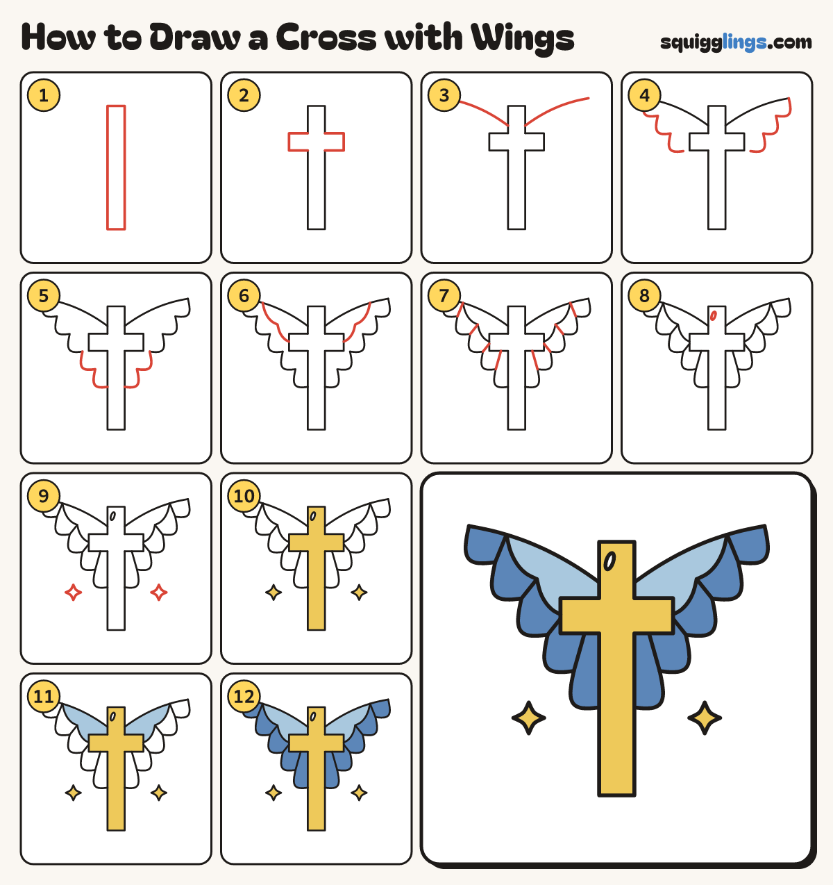How to Draw a Cross with Wings step by step: all 12 steps in one picture