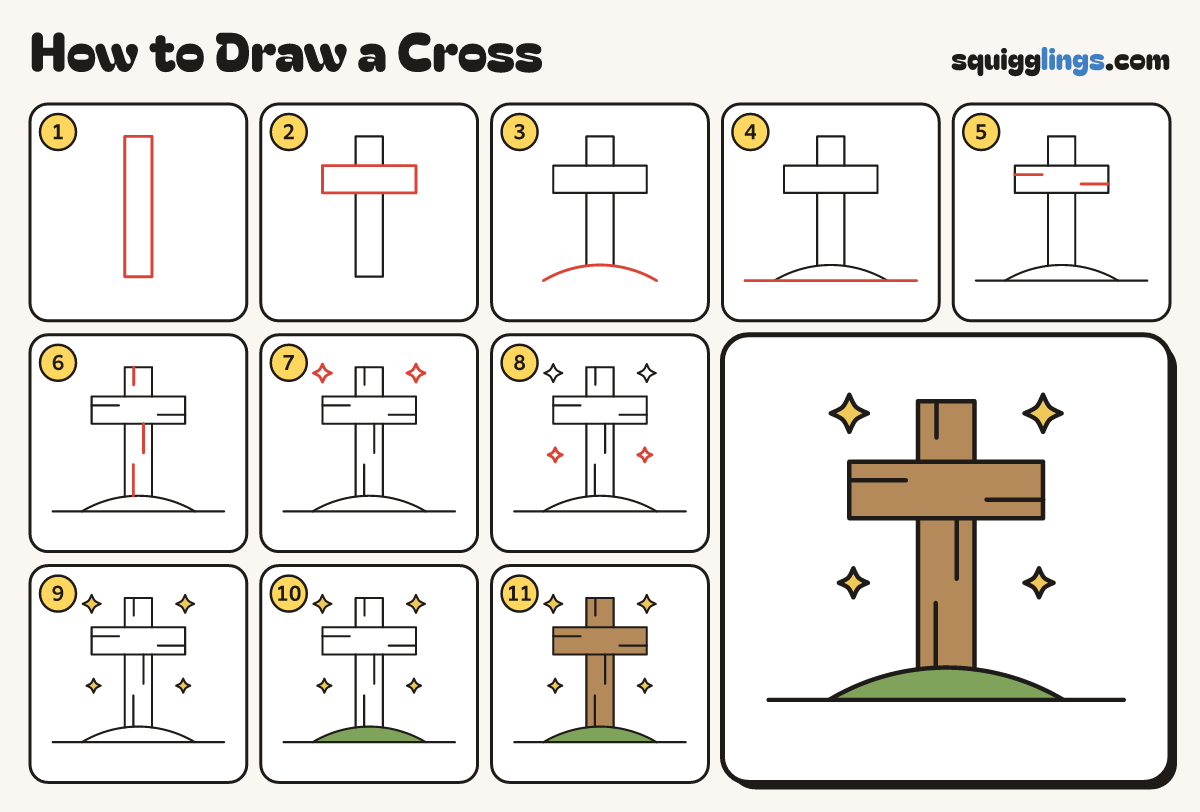 How to Draw a Cross step by step: all 11 steps in one picture