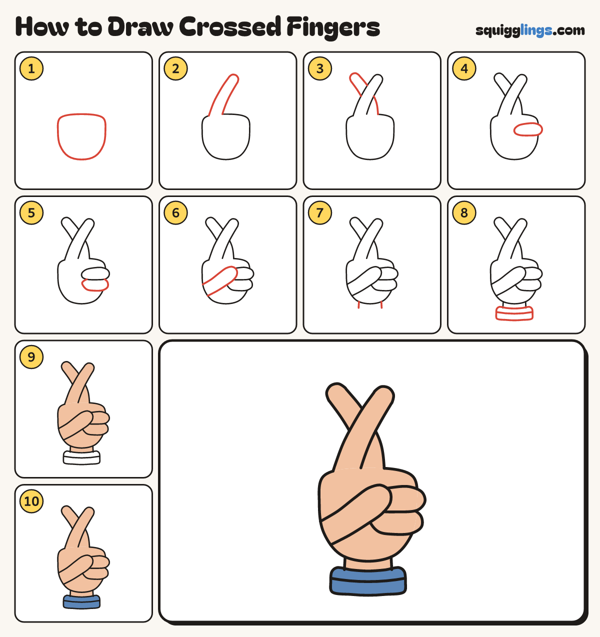 How to Draw Crossed Fingers step by step: all 10 steps in one picture
