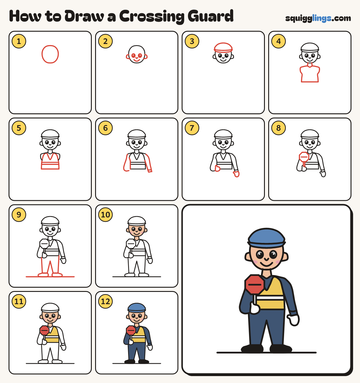 How to Draw a Crossing Guard step by step: all 12 steps in one picture