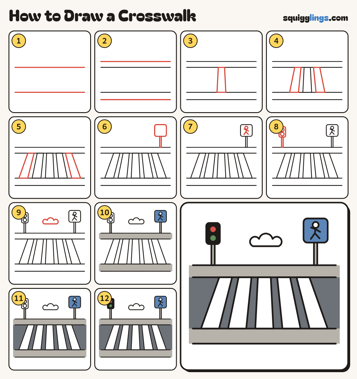 How to Draw a Crosswalk step by step: all 12 steps in one picture