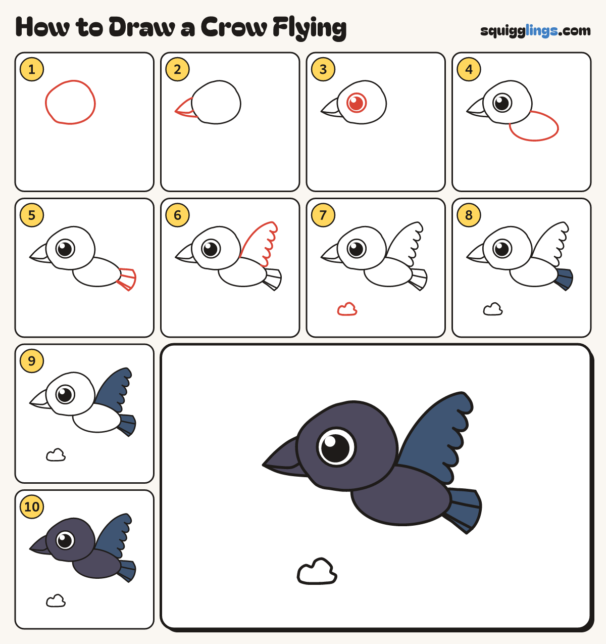 How to Draw a Crow Flying step by step: all 10 steps in one picture