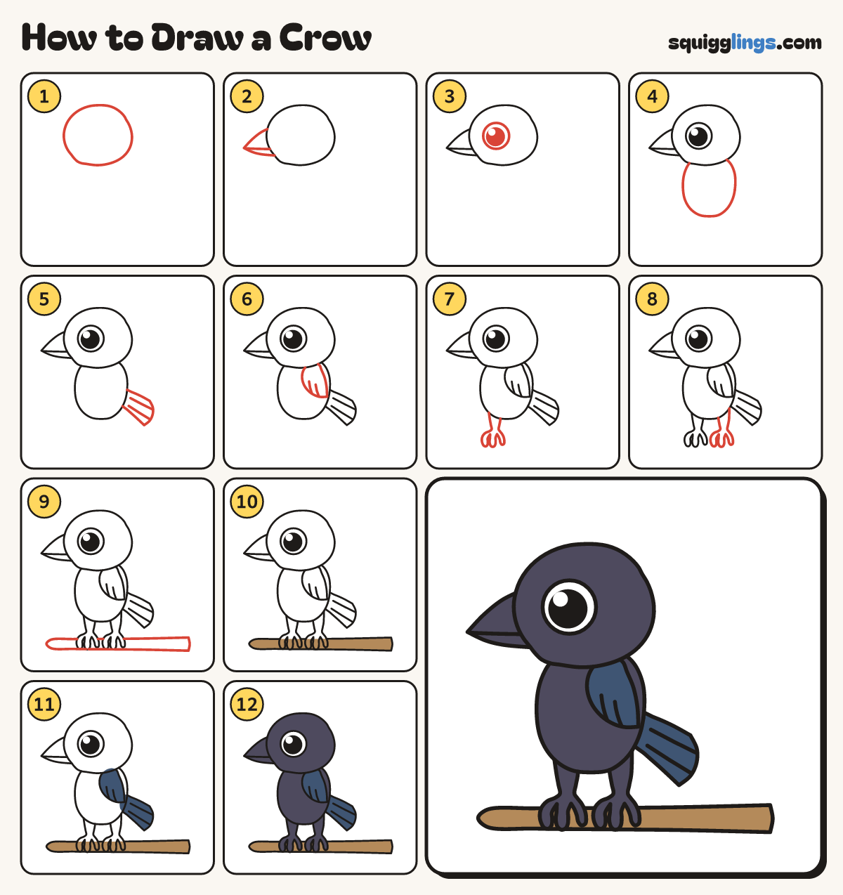 How to Draw a Crow step by step: all 12 steps in one picture