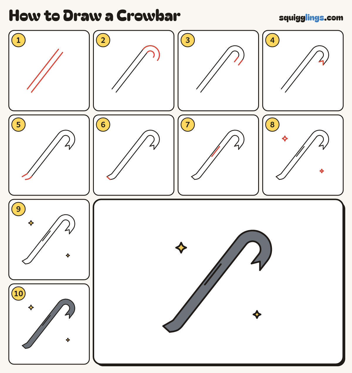 How to Draw a Crowbar step by step: all 10 steps in one picture