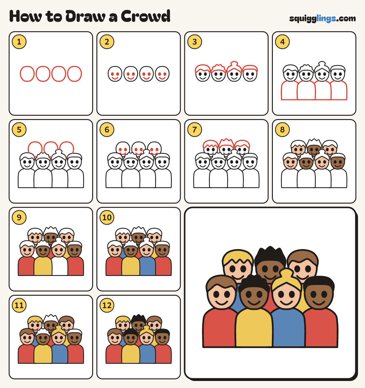How to Draw a Crowd step by step: all 12 steps in one picture