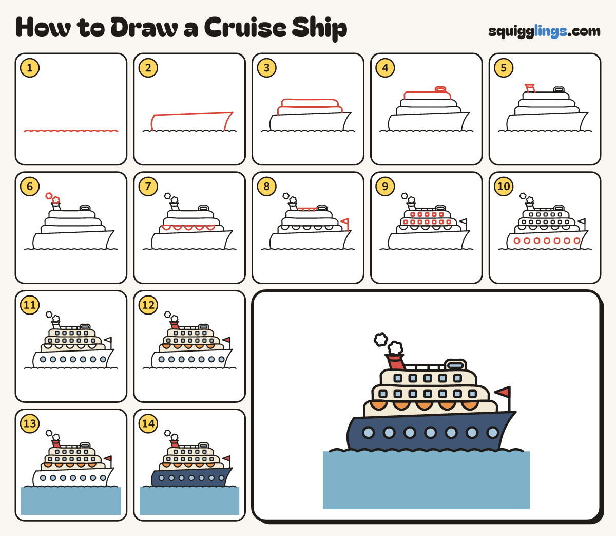 How to Draw a Cruise Ship step by step: all 14 steps in one picture