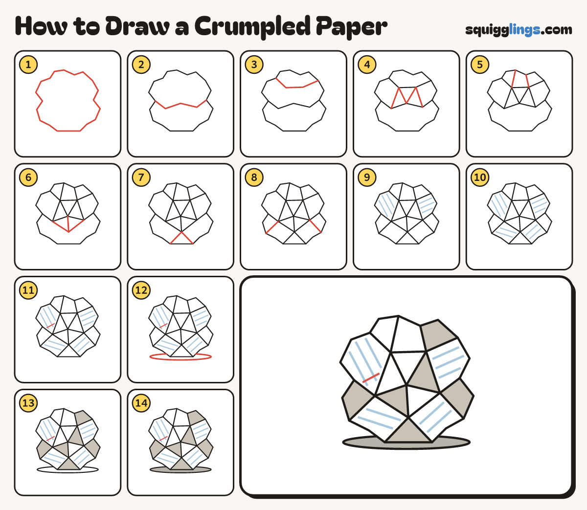 How to Draw a Crumpled Paper step by step: all 14 steps in one picture