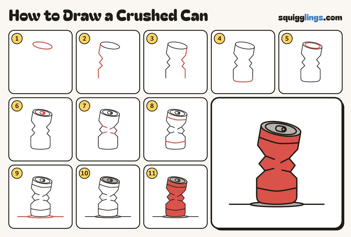 How to Draw a Crushed Can step by step: all 11 steps in one picture