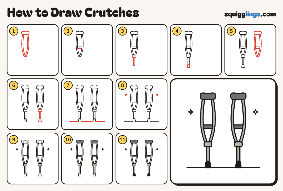 How to Draw Crutches step by step: all 11 steps in one picture