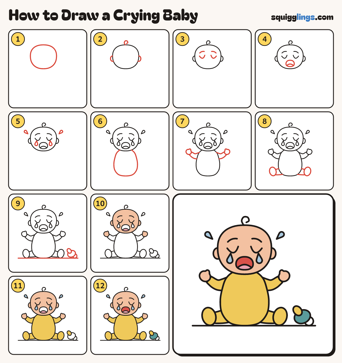 How to Draw a Crying Baby step by step: all 12 steps in one picture