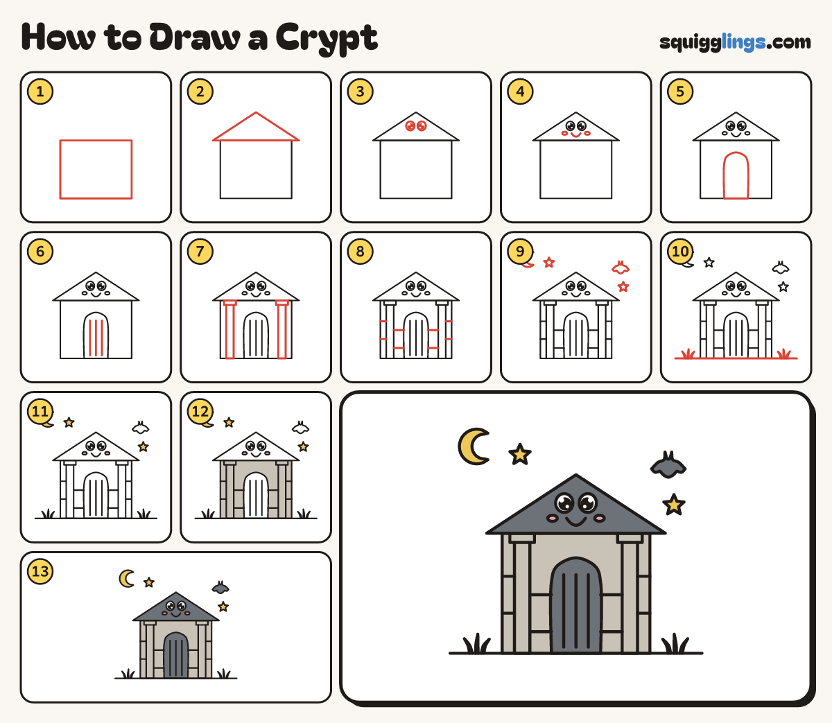 How to Draw a Crypt step by step: all 13 steps in one picture