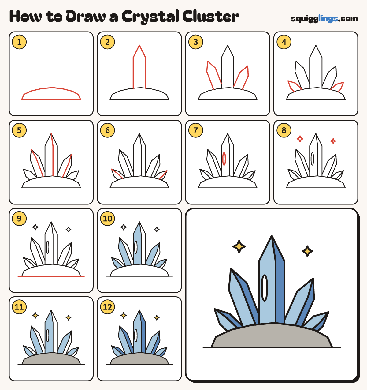 How to Draw a Crystal Cluster step by step: all 12 steps in one picture