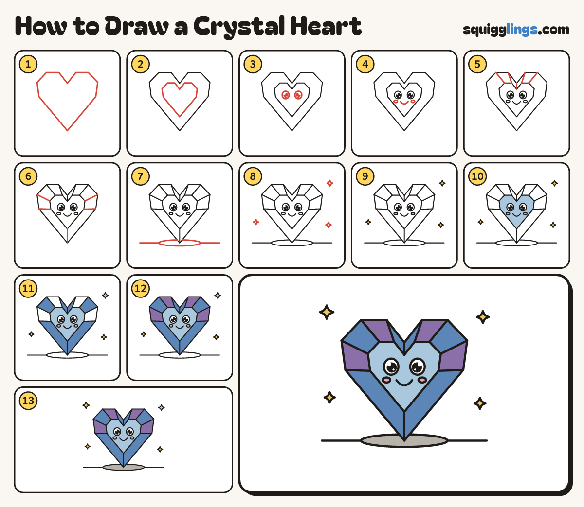 How to Draw a Crystal Heart step by step: all 13 steps in one picture