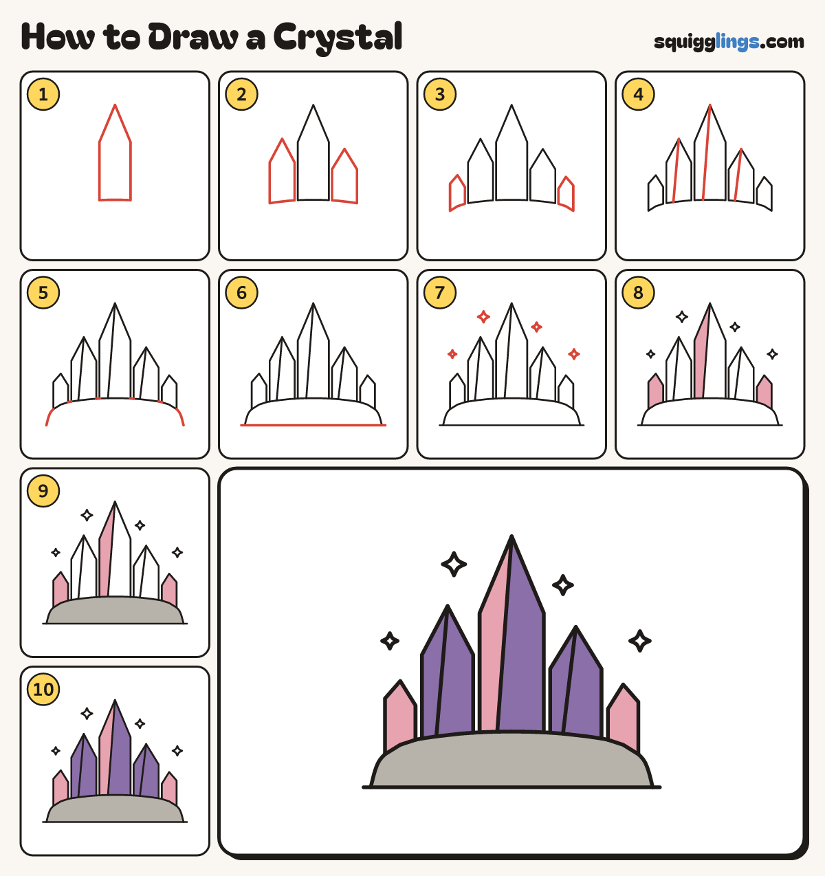 How to Draw a Crystal step by step: all 10 steps in one picture