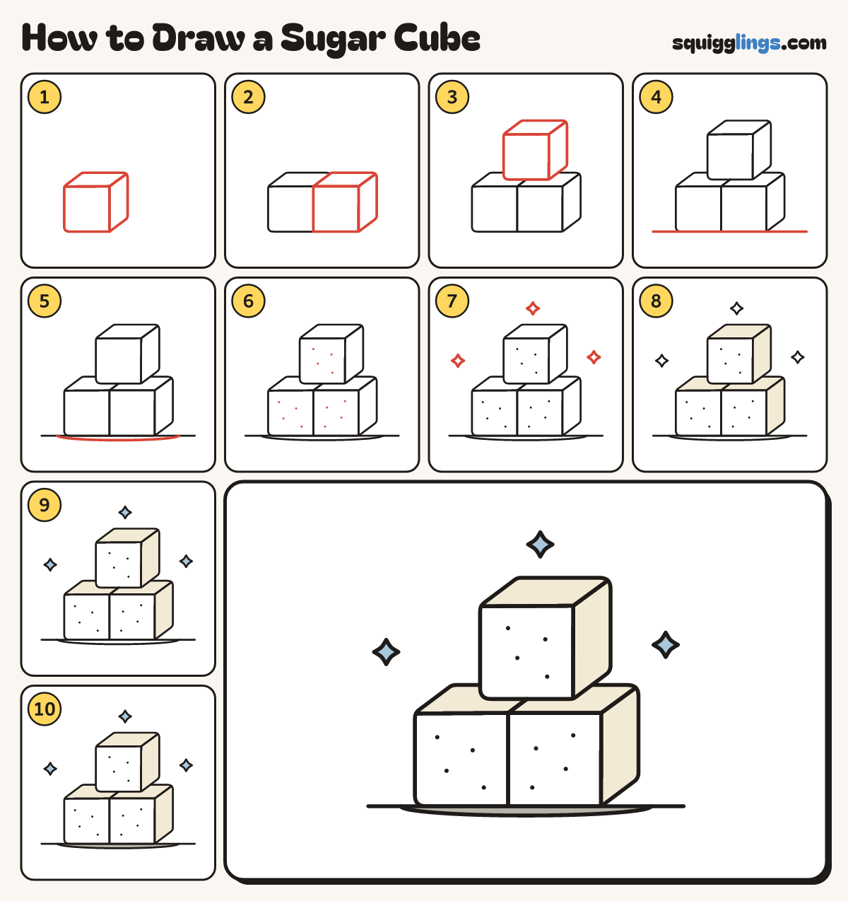 How to Draw a Sugar Cube step by step: all 10 steps in one picture