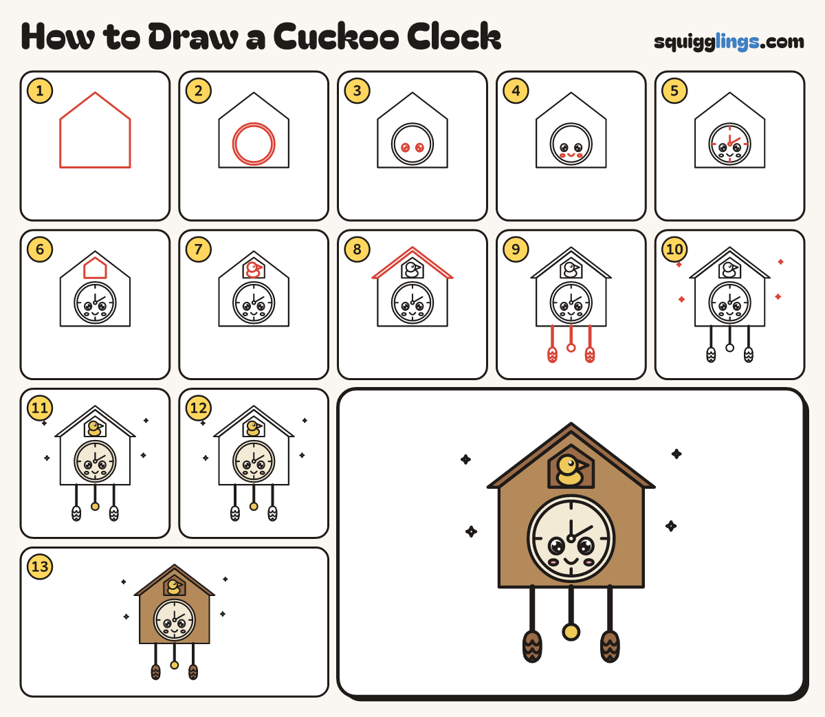 How to Draw a Cuckoo Clock step by step: all 13 steps in one picture