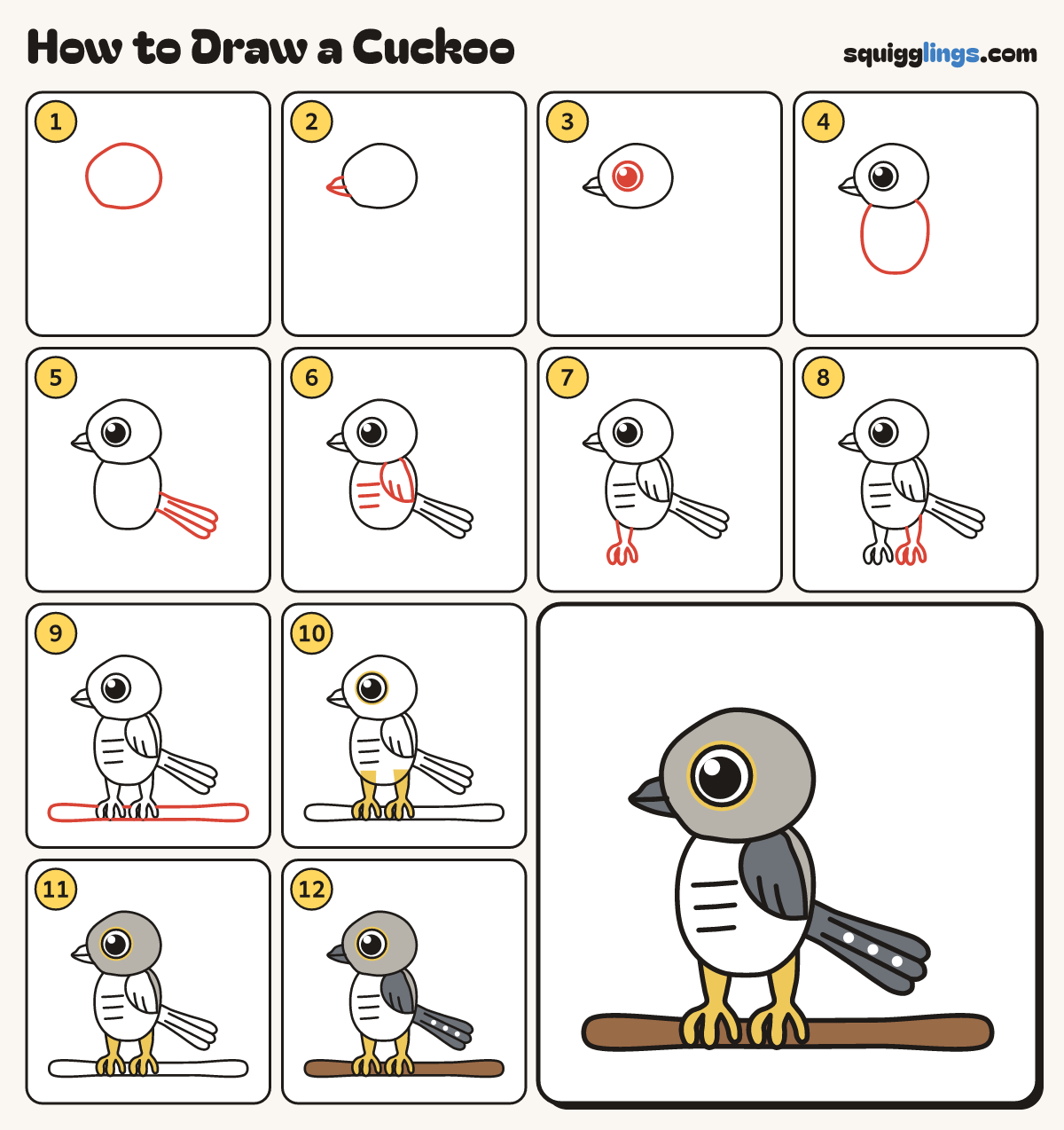 How to Draw a Cuckoo step by step: all 12 steps in one picture