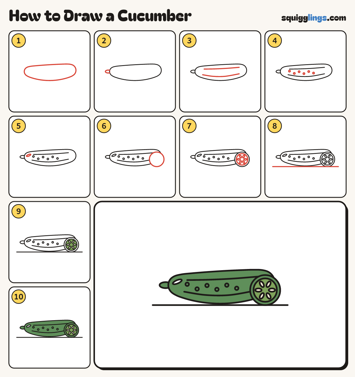 How to Draw a Cucumber step by step: all 10 steps in one picture