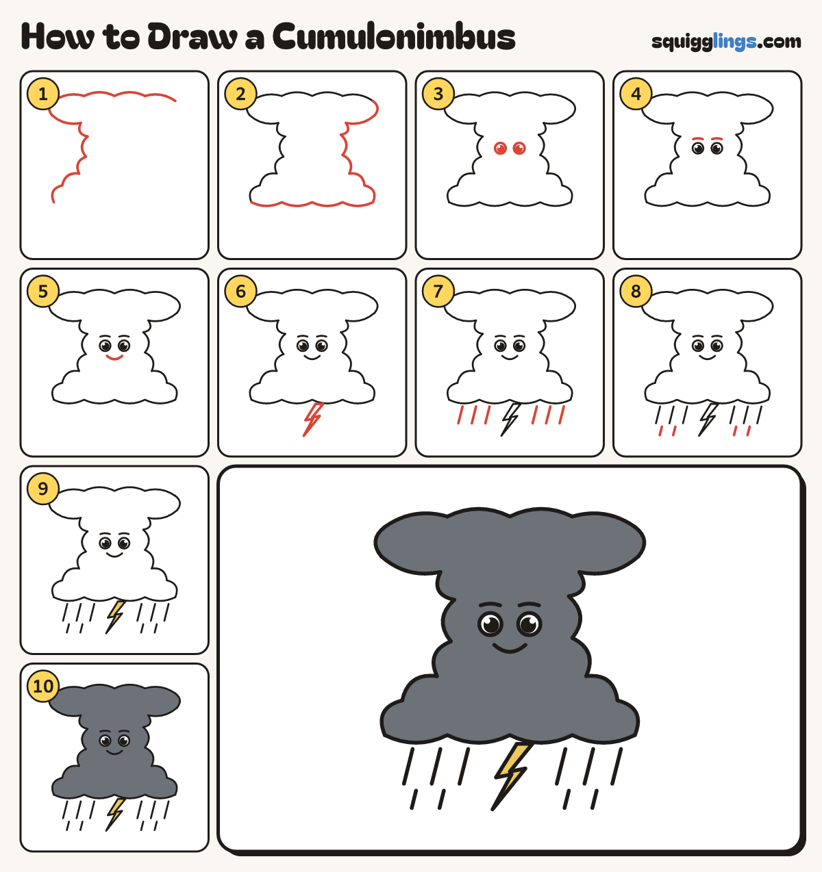 How to Draw a Cumulonimbus step by step: all 10 steps in one picture