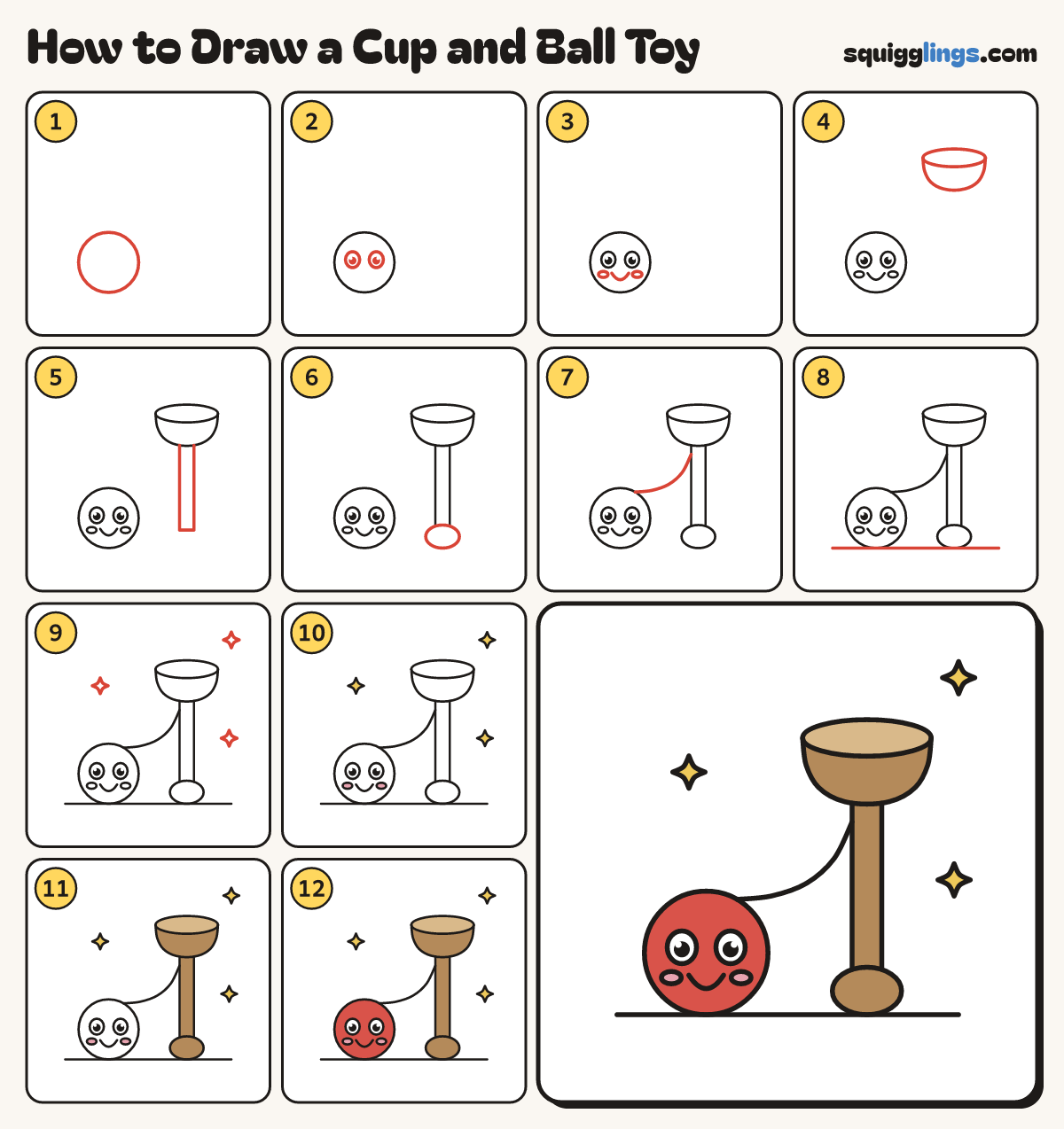 How to Draw a Cup and Ball Toy step by step: all 12 steps in one picture