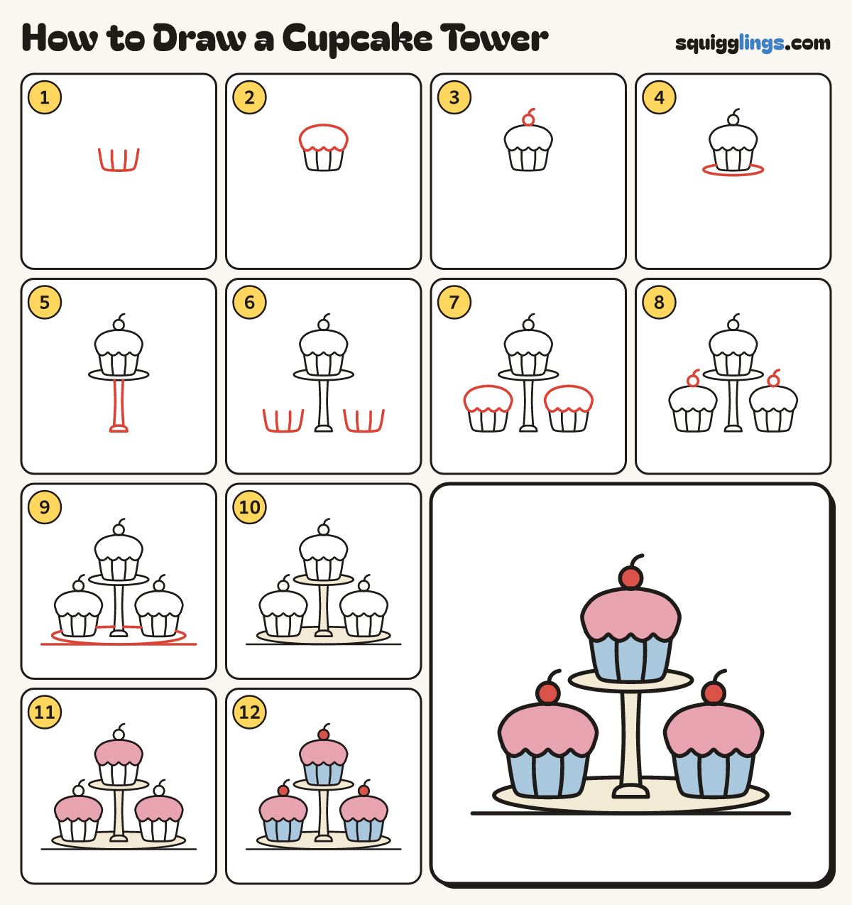 How to Draw a Cupcake Tower step by step: all 12 steps in one picture