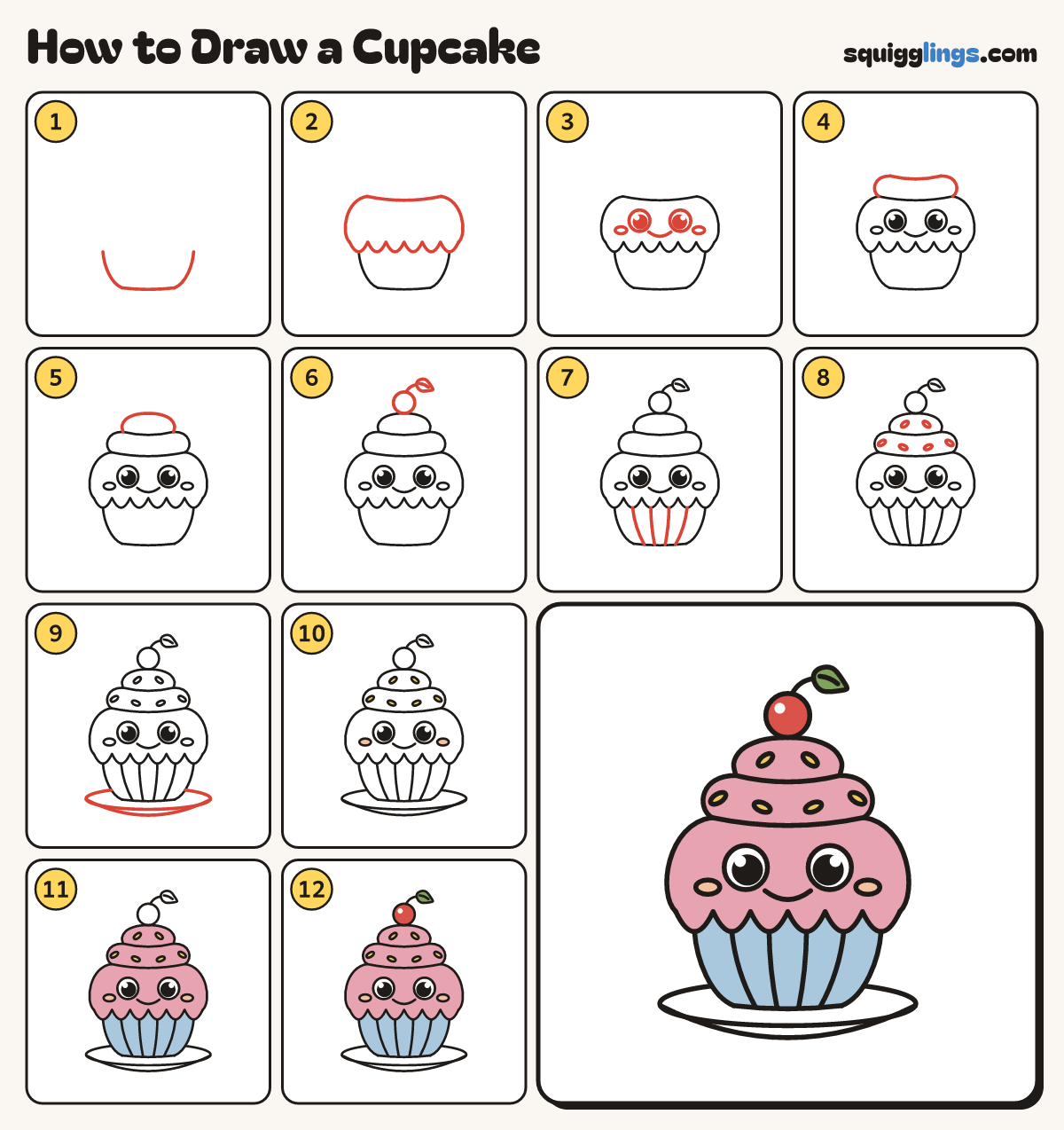How to Draw a Cupcake step by step: all 12 steps in one picture