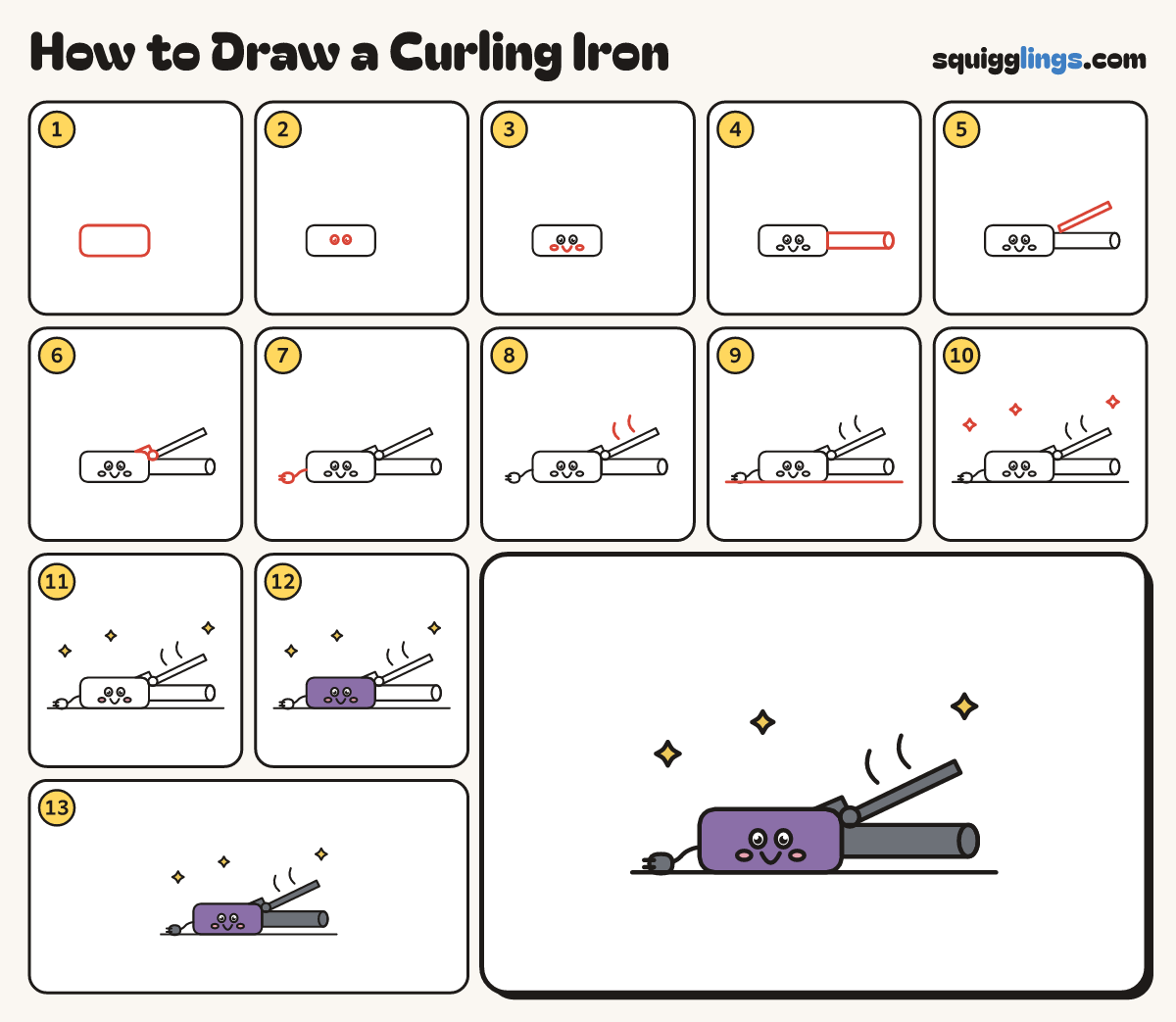 How to Draw a Curling Iron step by step: all 13 steps in one picture