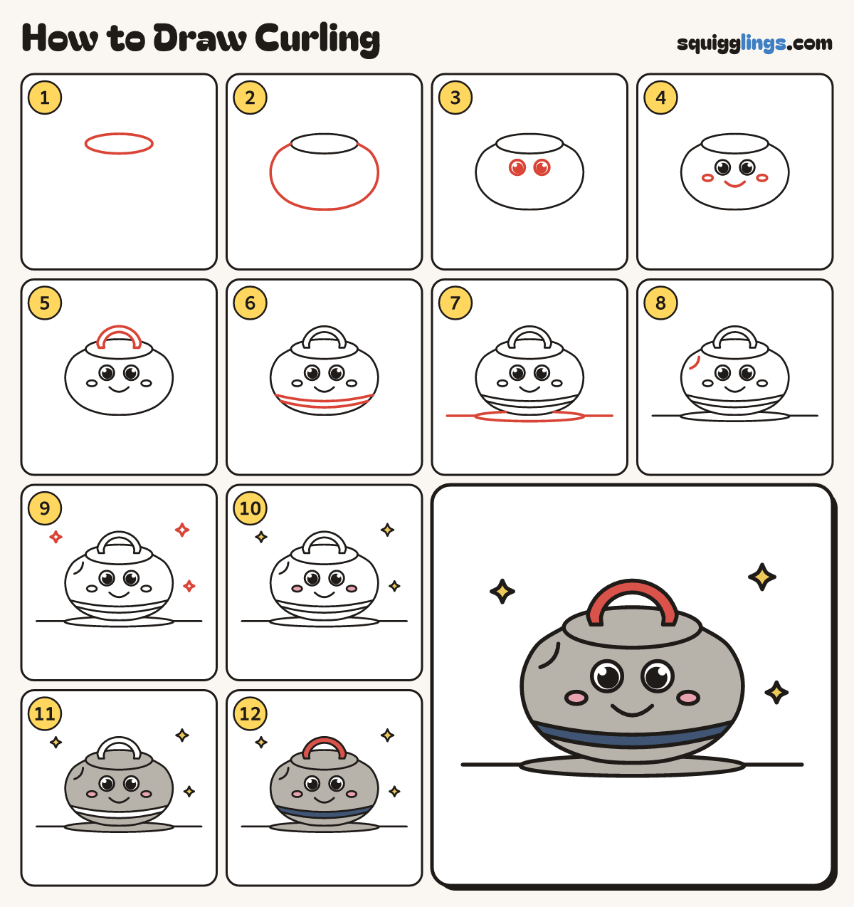 How to Draw Curling step by step: all 12 steps in one picture