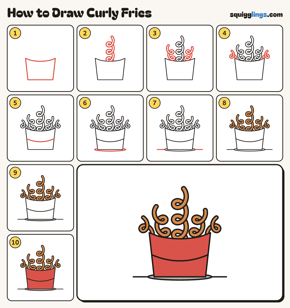 How to Draw Curly Fries step by step: all 10 steps in one picture