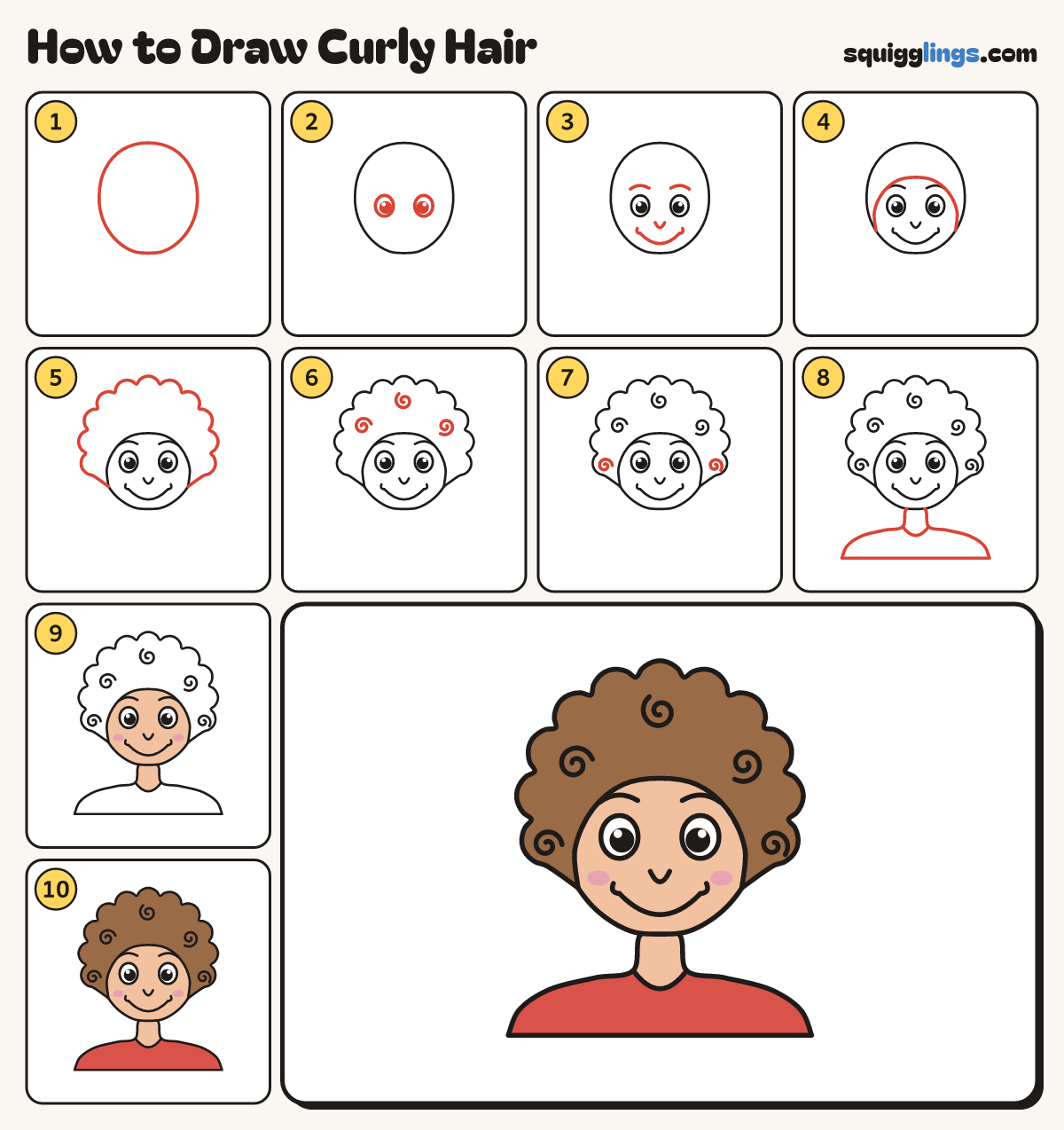 How to Draw Curly Hair step by step: all 10 steps in one picture