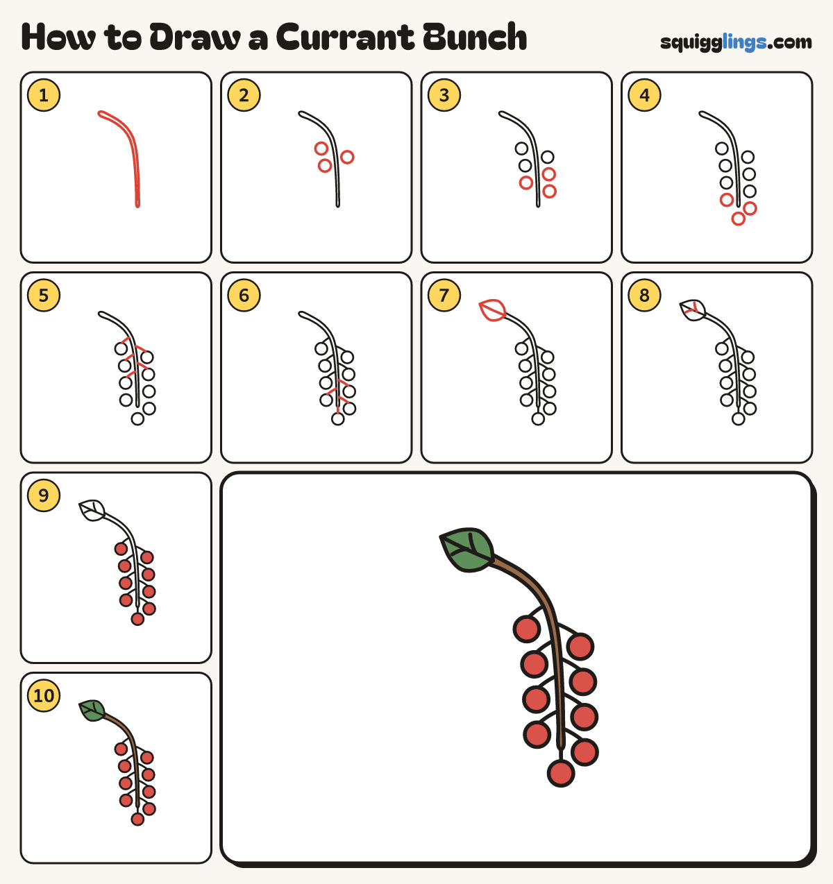 How to Draw a Currant Bunch step by step: all 10 steps in one picture