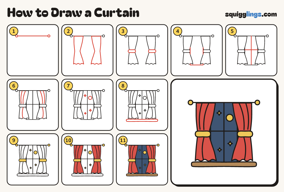 How to Draw a Curtain step by step: all 11 steps in one picture