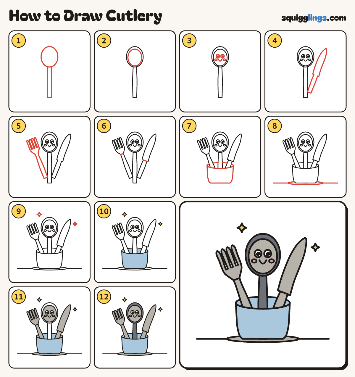 How to Draw Cutlery step by step: all 12 steps in one picture