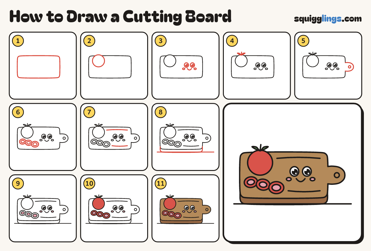 How to Draw a Cutting Board step by step: all 11 steps in one picture