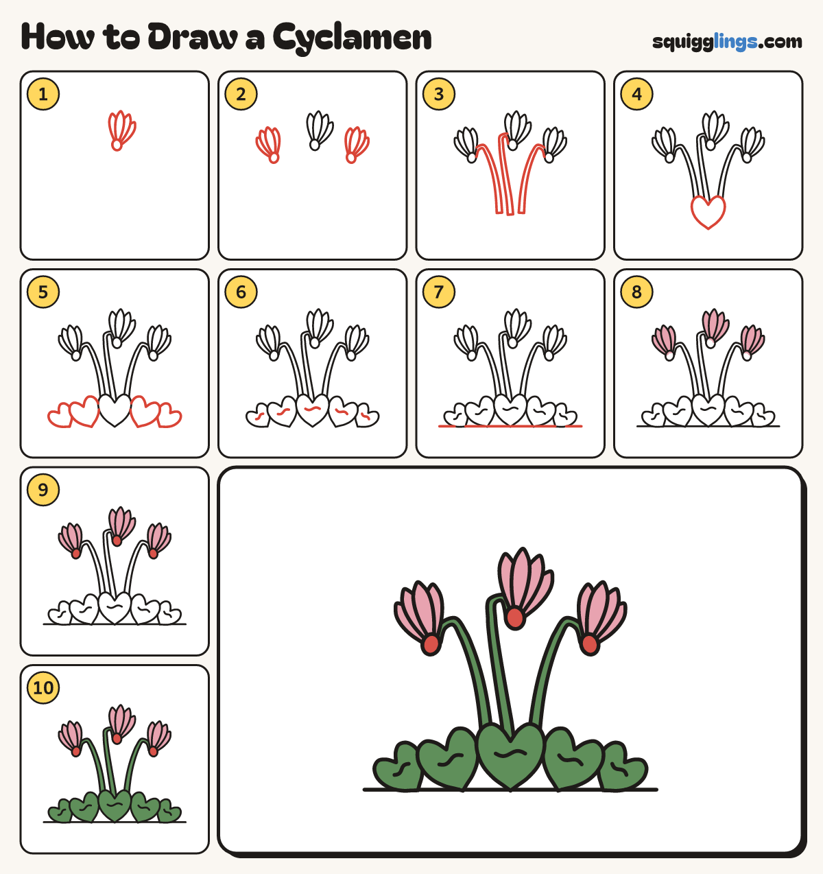 How to Draw a Cyclamen step by step: all 10 steps in one picture