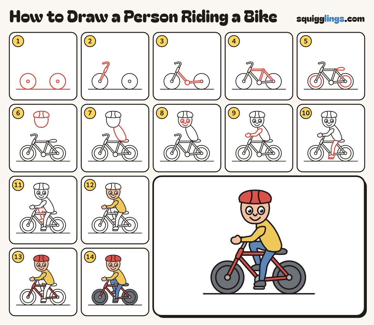 How to Draw a Person Riding a Bike step by step: all 14 steps in one picture