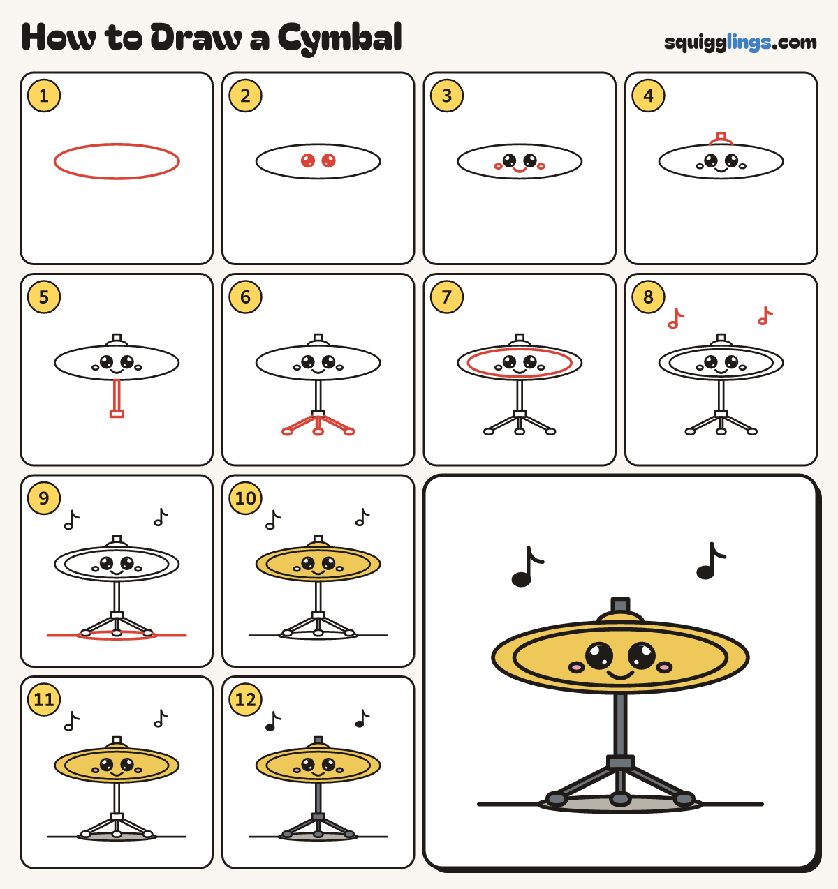 How to Draw a Cymbal step by step: all 12 steps in one picture