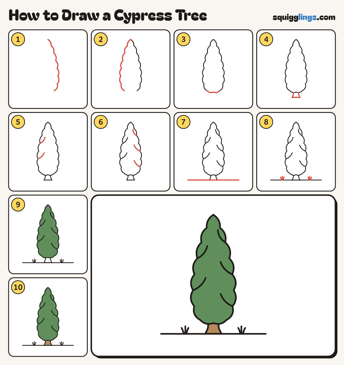 How to Draw a Cypress Tree step by step: all 10 steps in one picture