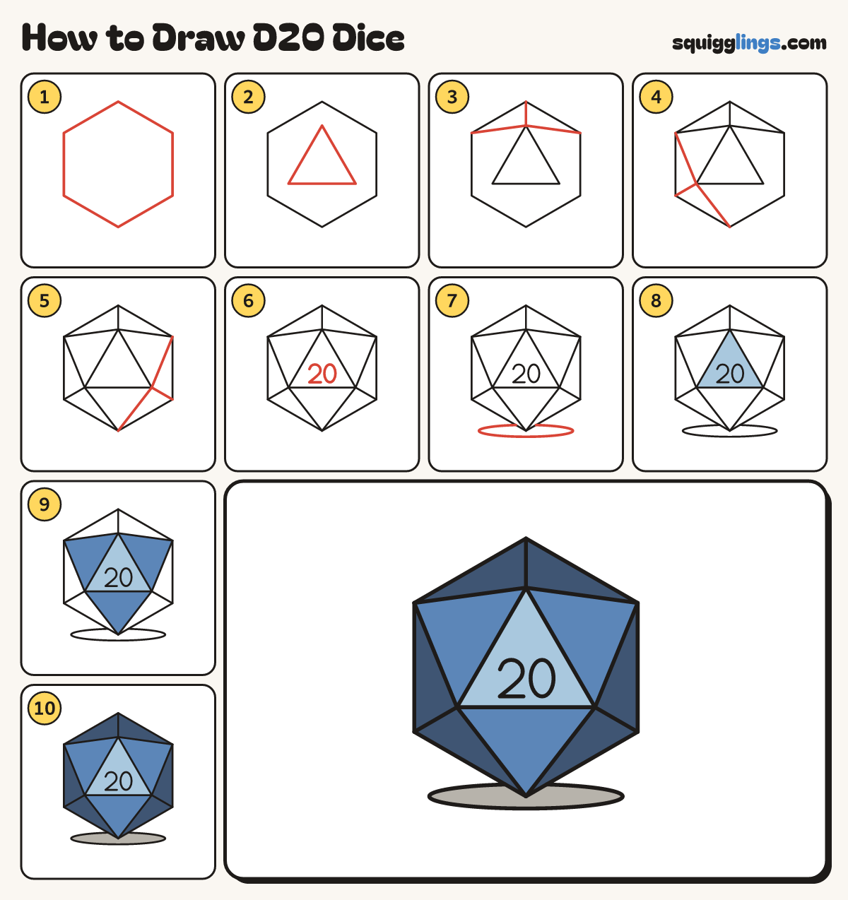 How to Draw D20 Dice step by step: all 10 steps in one picture