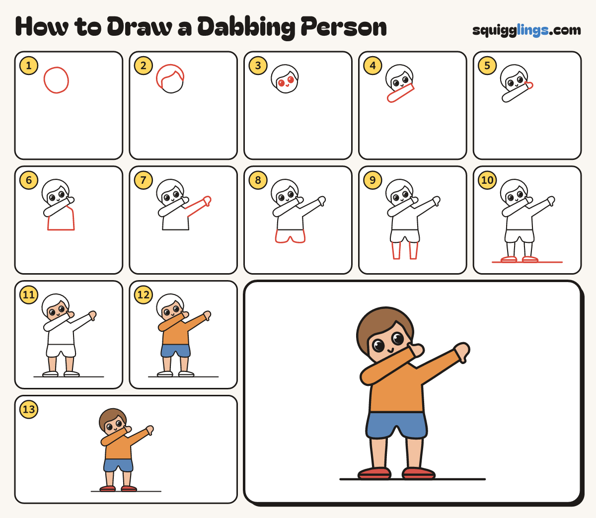 How to Draw a Dabbing Person step by step: all 13 steps in one picture