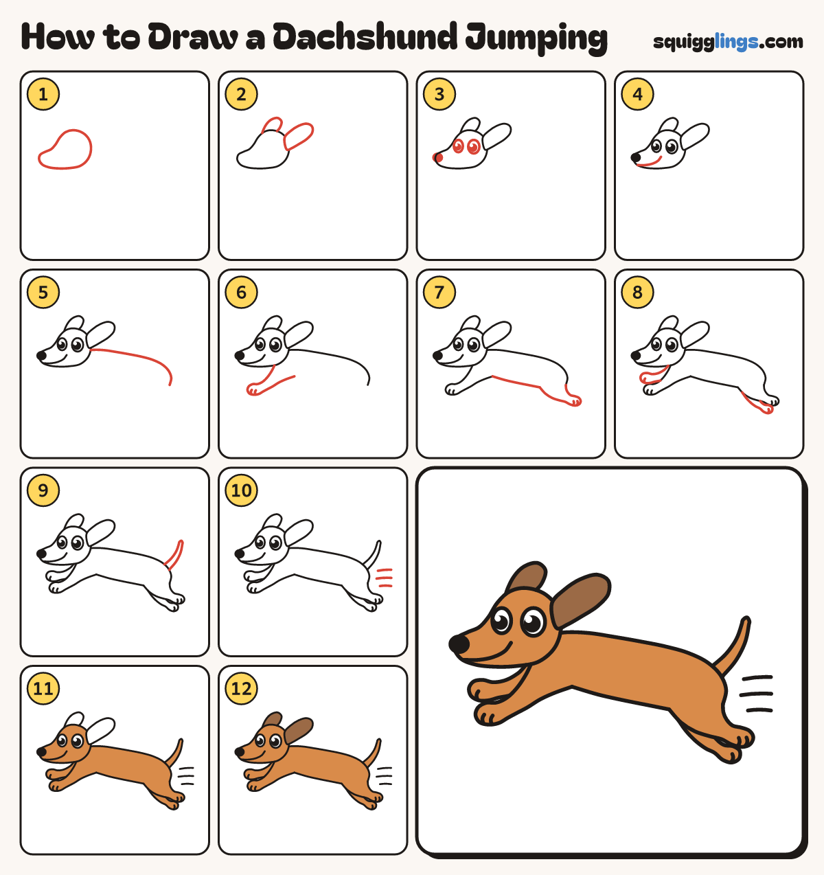 How to Draw a Dachshund Jumping step by step: all 12 steps in one picture