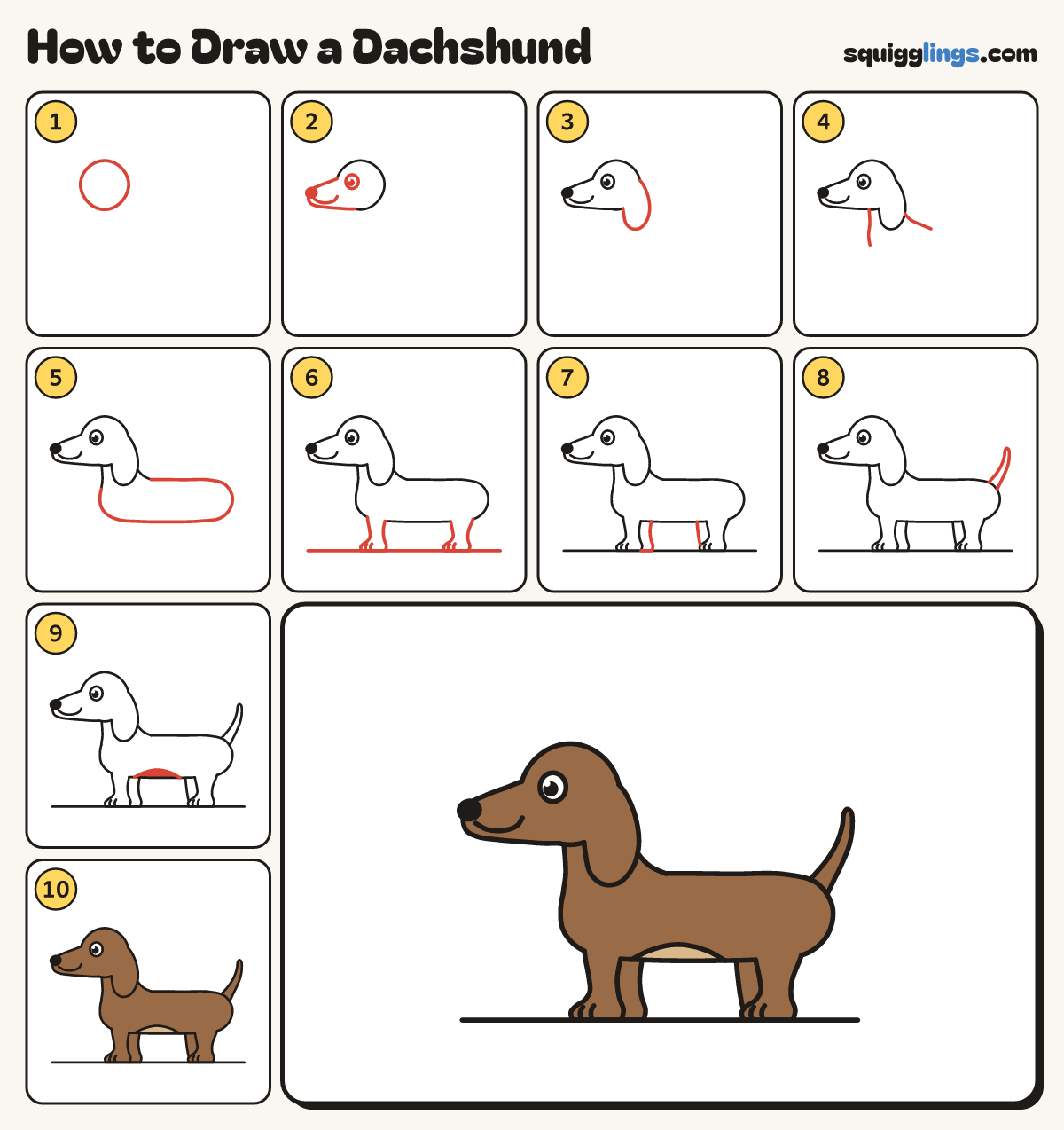 How to Draw a Dachshund step by step: all 10 steps in one picture