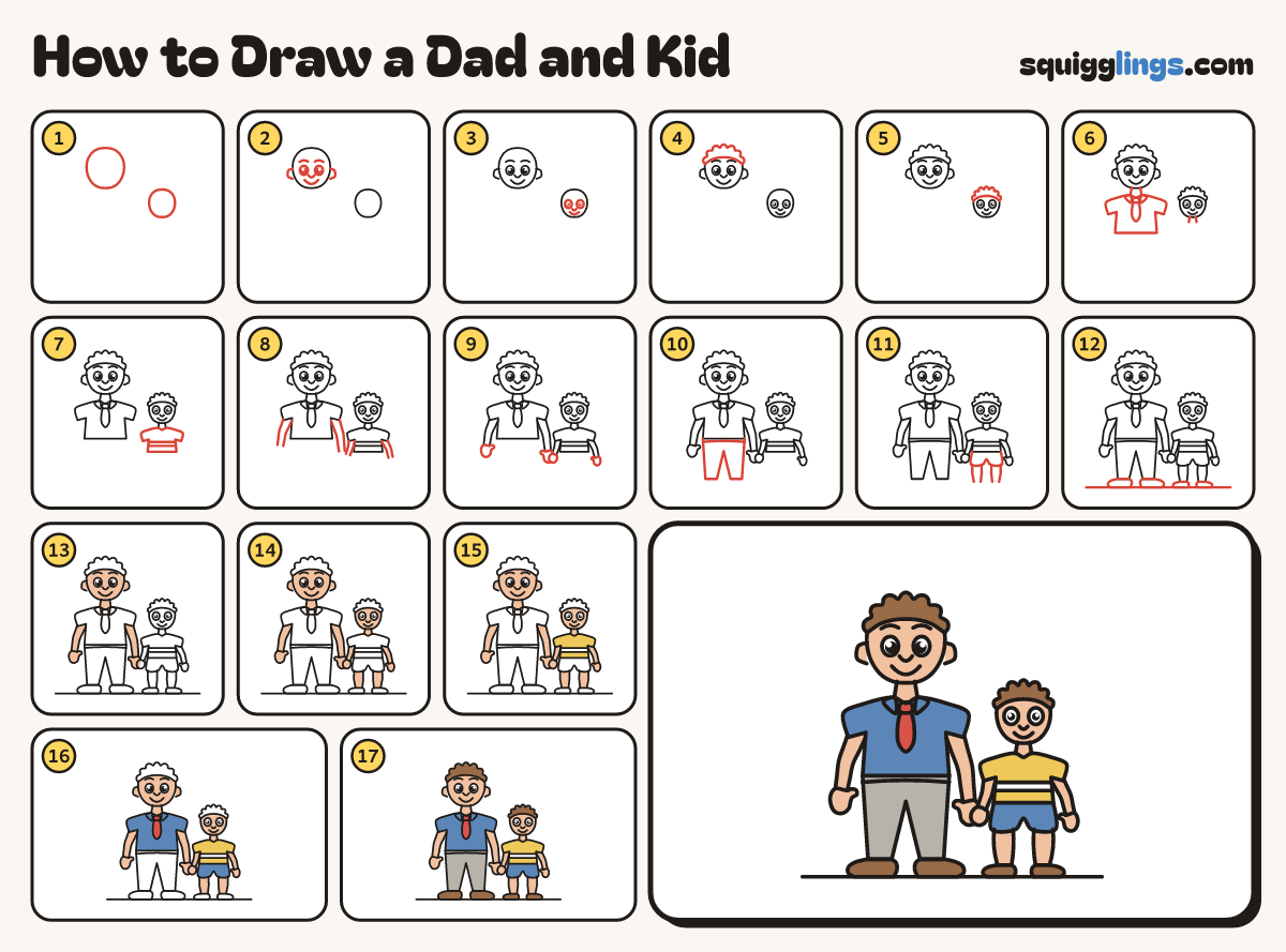 How to Draw a Dad and Kid step by step: all 17 steps in one picture