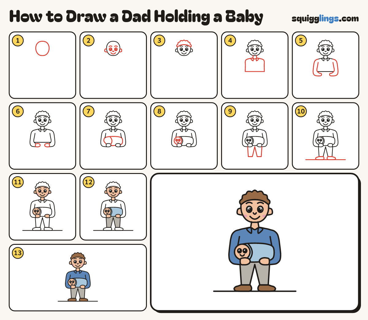How to Draw a Dad Holding a Baby step by step: all 13 steps in one picture