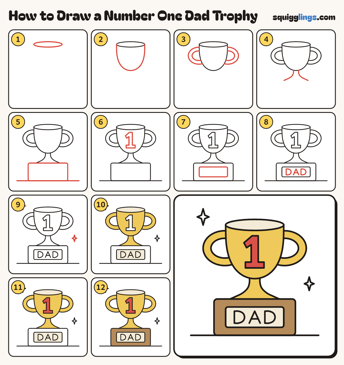 How to Draw a Number One Dad Trophy step by step: all 12 steps in one picture