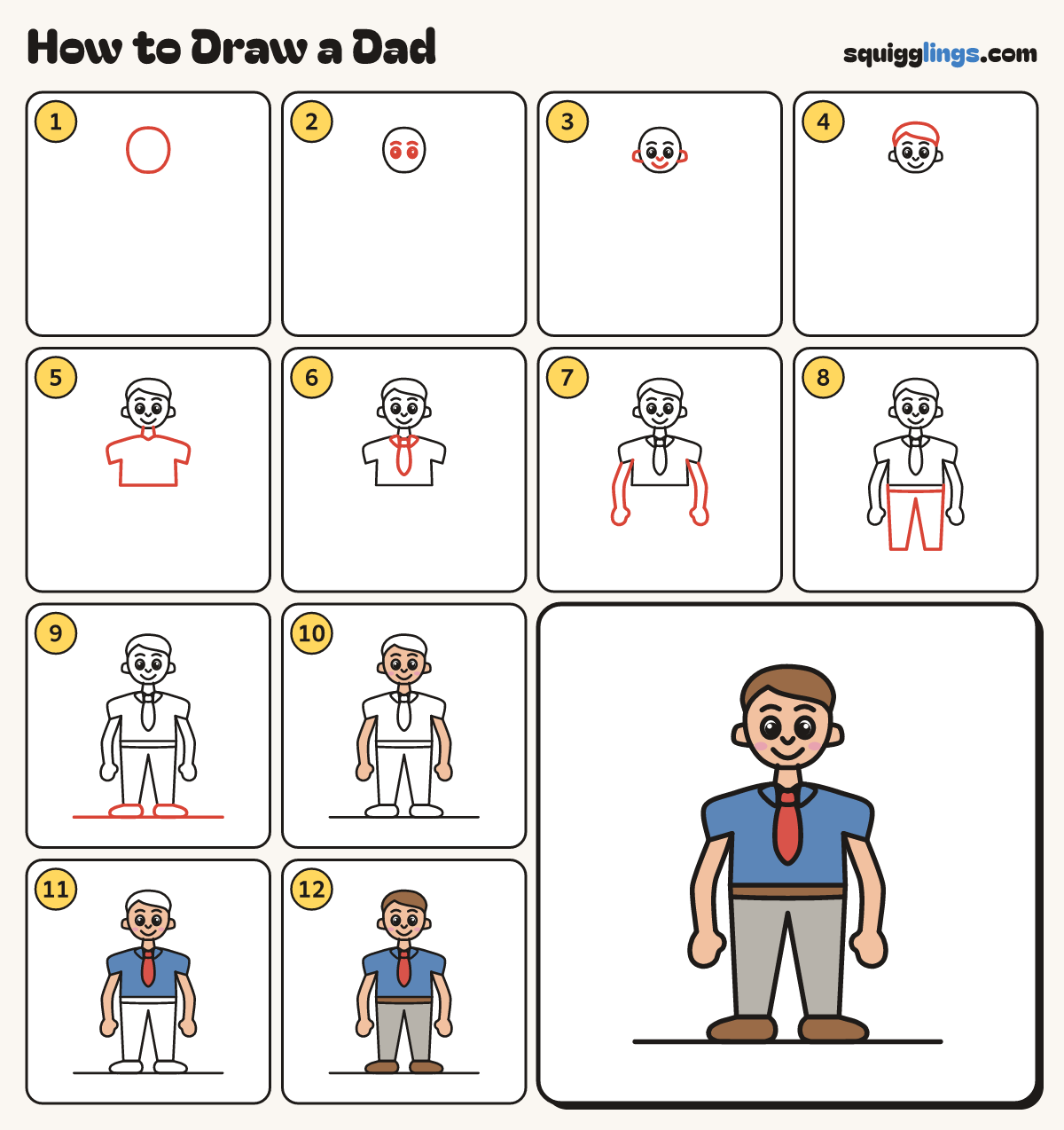 How to Draw a Dad step by step: all 12 steps in one picture