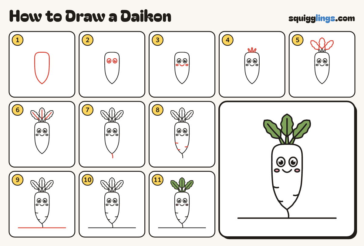 How to Draw a Daikon step by step: all 11 steps in one picture